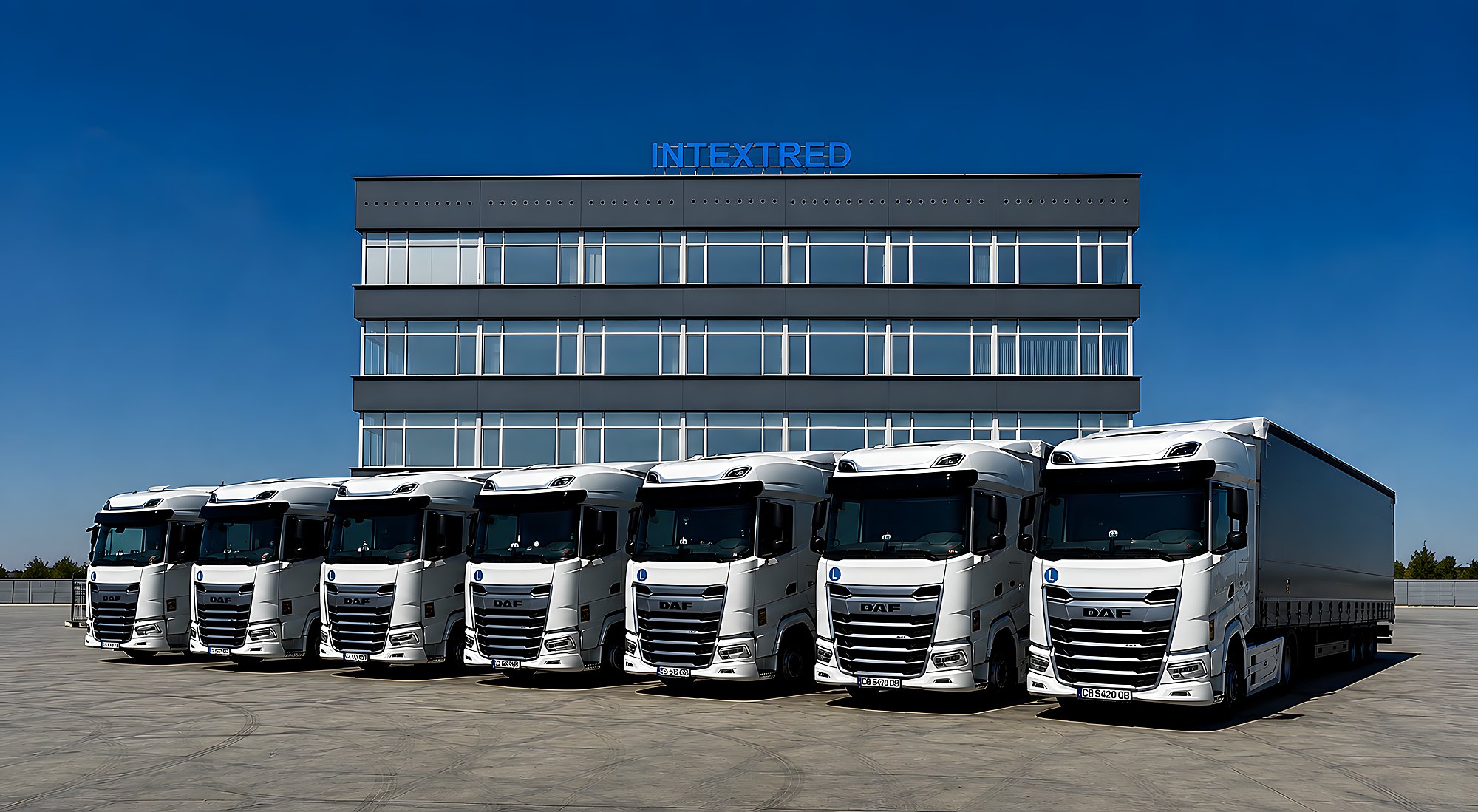 Базата на INTEXTRED в Пазарджик с редицата DAF влекачи отпред