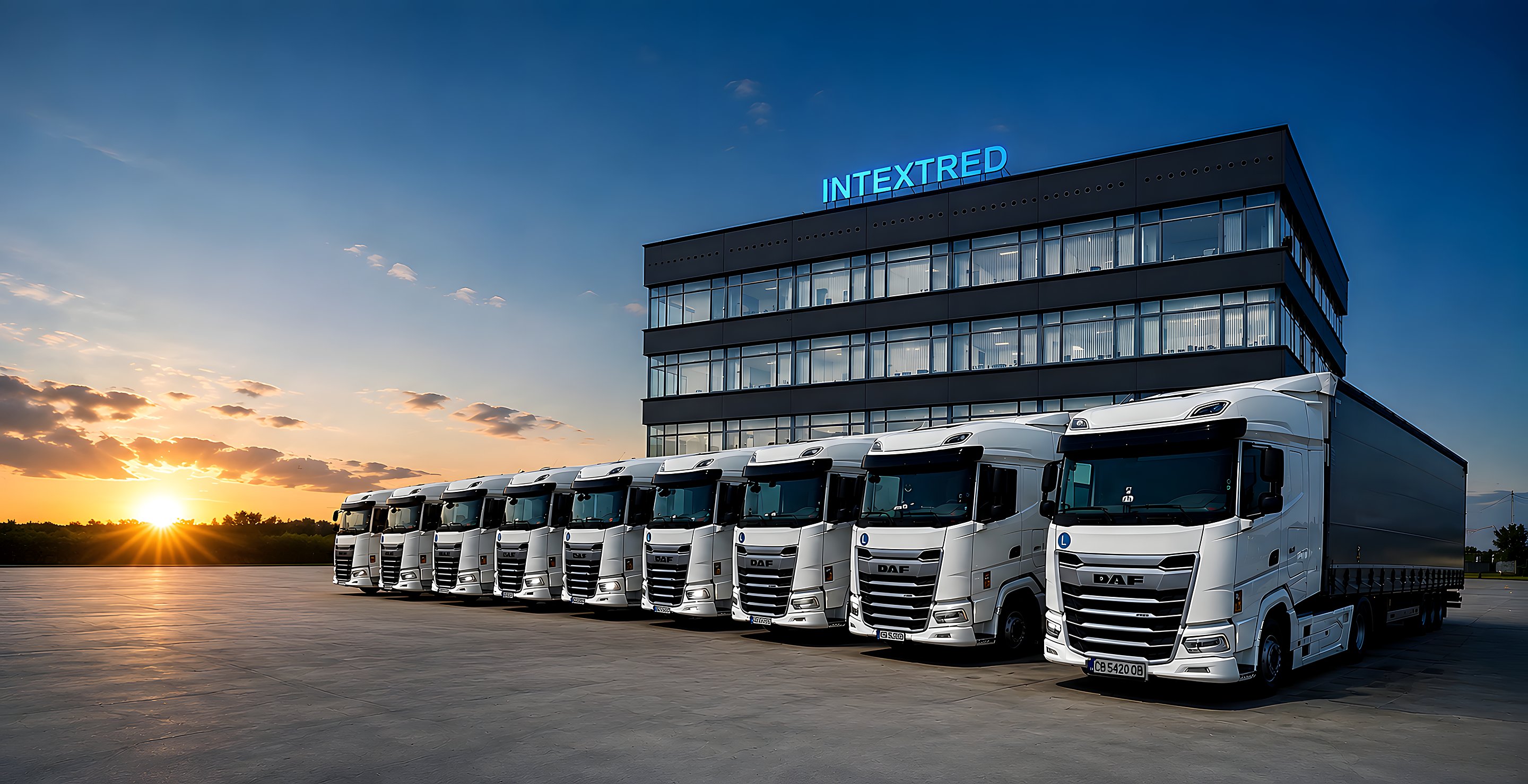 Офис сградата на INTEXTRED с редицата DAF влекачи отпред