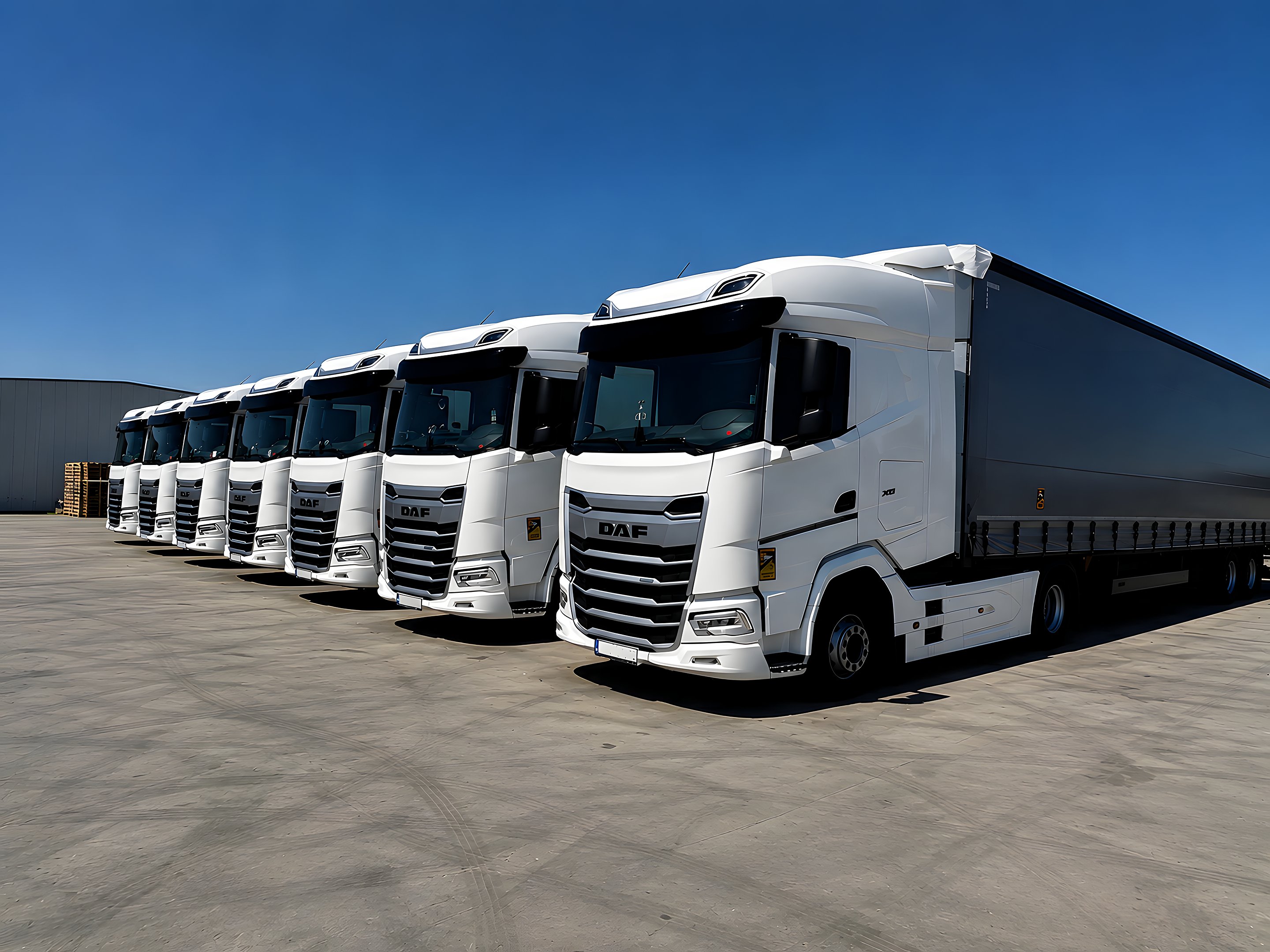 Седем DAF влекача на INTEXTRED в редица в базата на дневна светлина